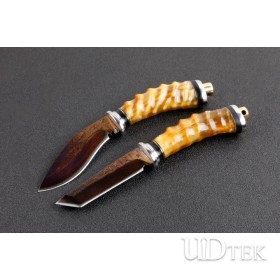 Collectible Shuang Jiao Damascus hunting fixed blade knife with yellow horns  UD405117